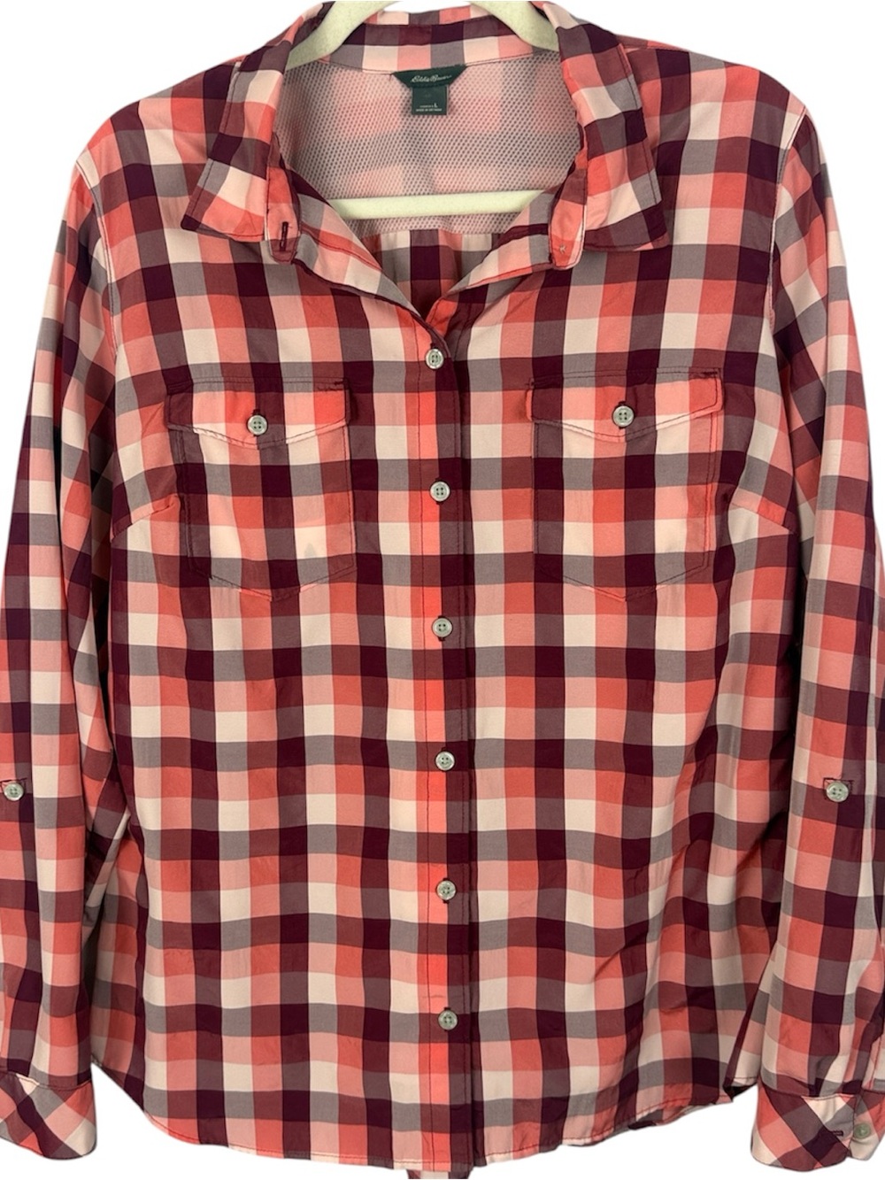 Eddie Bauer Plaid Button Down Shirt L Pink Maroon Convertible Roll Tab Sleeve